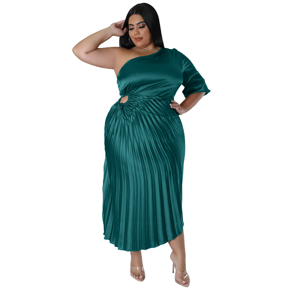 Women Clothing Spring Sexy Oblique Shoulder Drawstring Pleated Dress