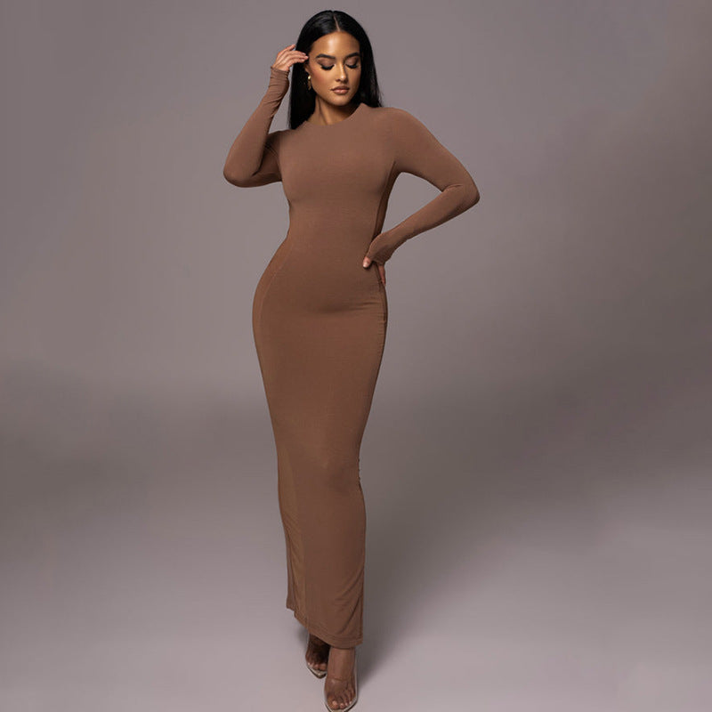 Autumn Winter round Neck Long Sleeved Dress Women Sexy Split Dress