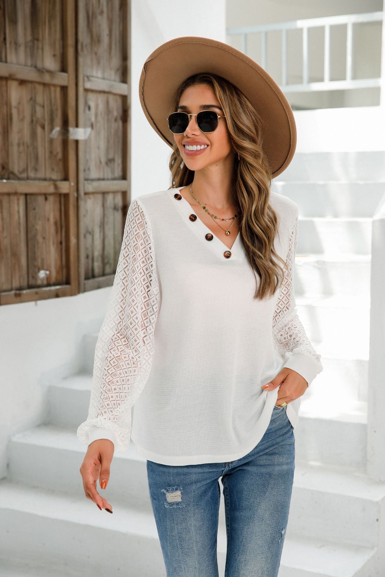 Autumn Winter Women Clothing V neck Long Sleeve Button T shirt Lace Top