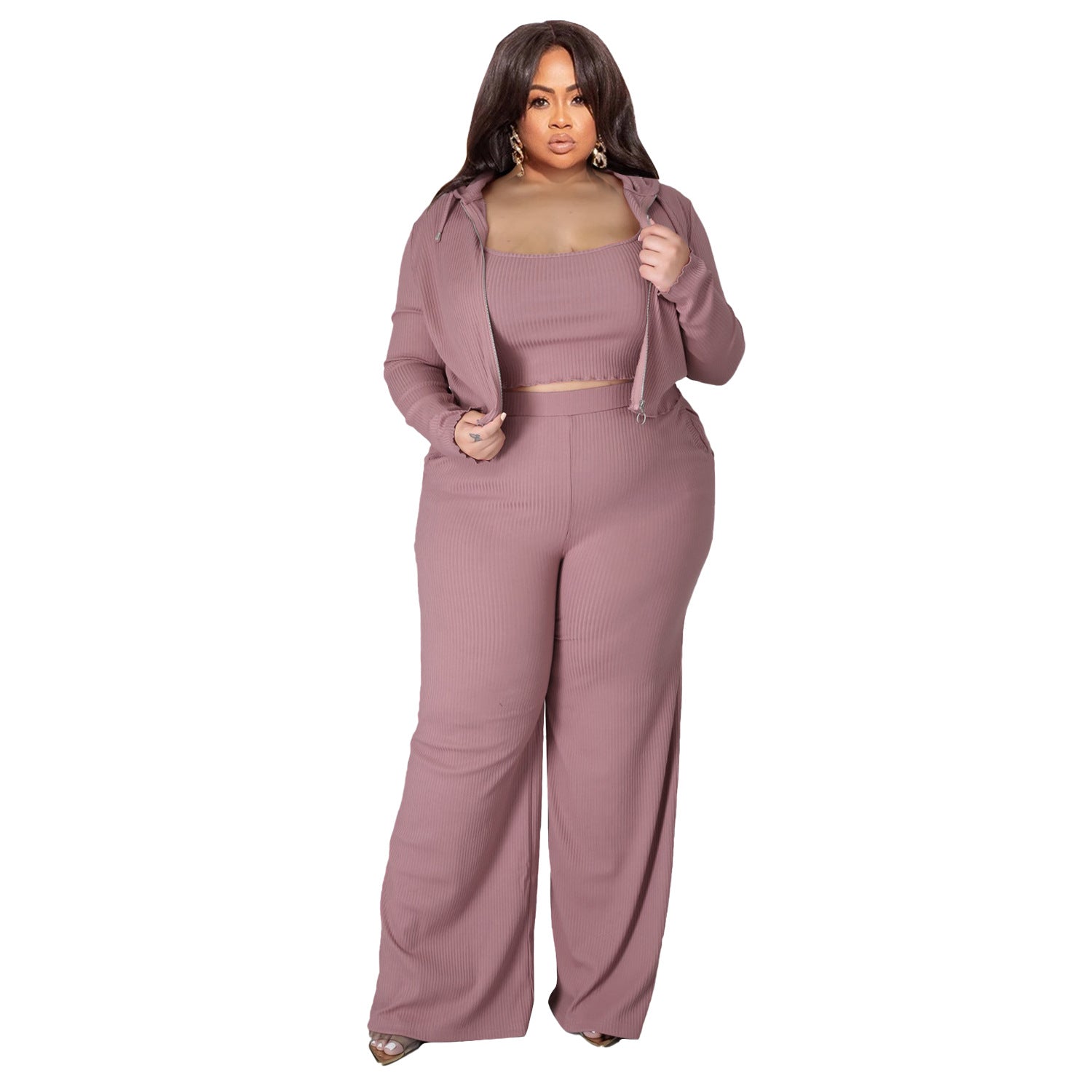 Plus Size High Elastic Sunken Stripe Three Piece Suit Sports Casual Sexy Women Clothing