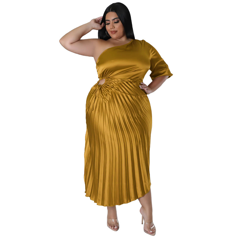Women Clothing Spring Sexy Oblique Shoulder Drawstring Pleated Dress