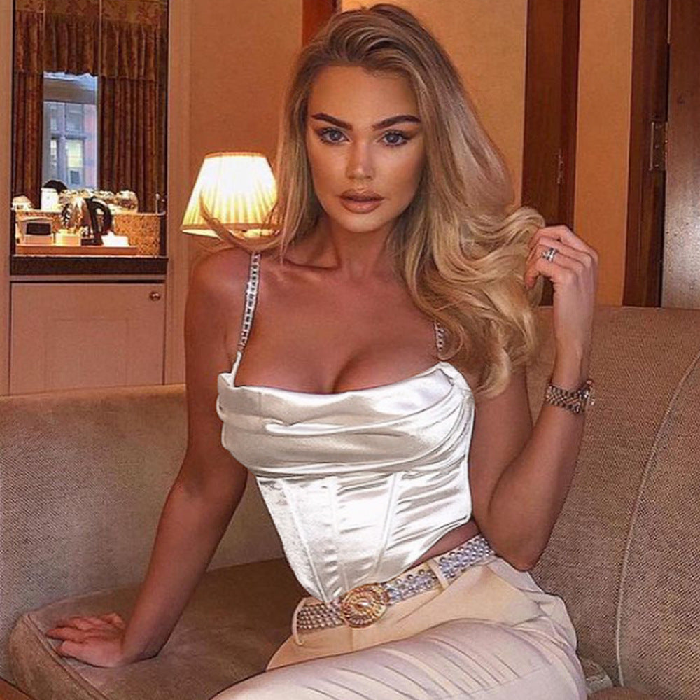 Women Clothing Drill Chain Sling Slim-Fit Solid Color Corset Sexy Sleeveless Vest Top for Women Bandana Bandana