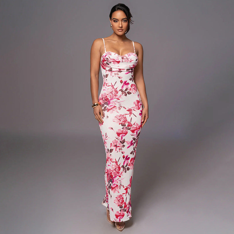 Fashionable Printed Collar Sling Dress Summer Slim Fit Figure Flattering Maxi Dress
