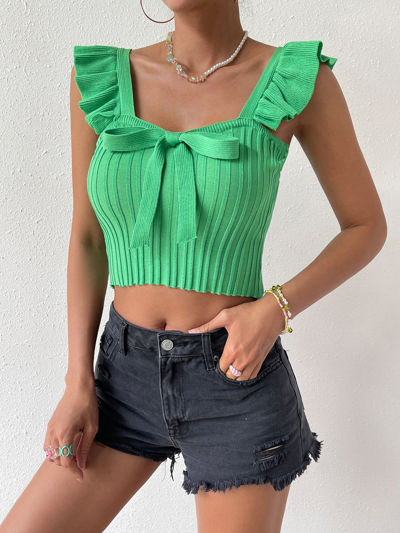 Summer Ruffled Flying Sleeve Bow Cropped T shirt Slim Top