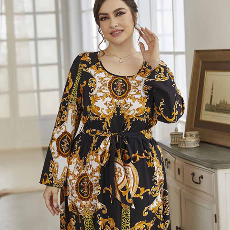 Plus Size Printed Pullover Office Maxi Dress Women With Belted