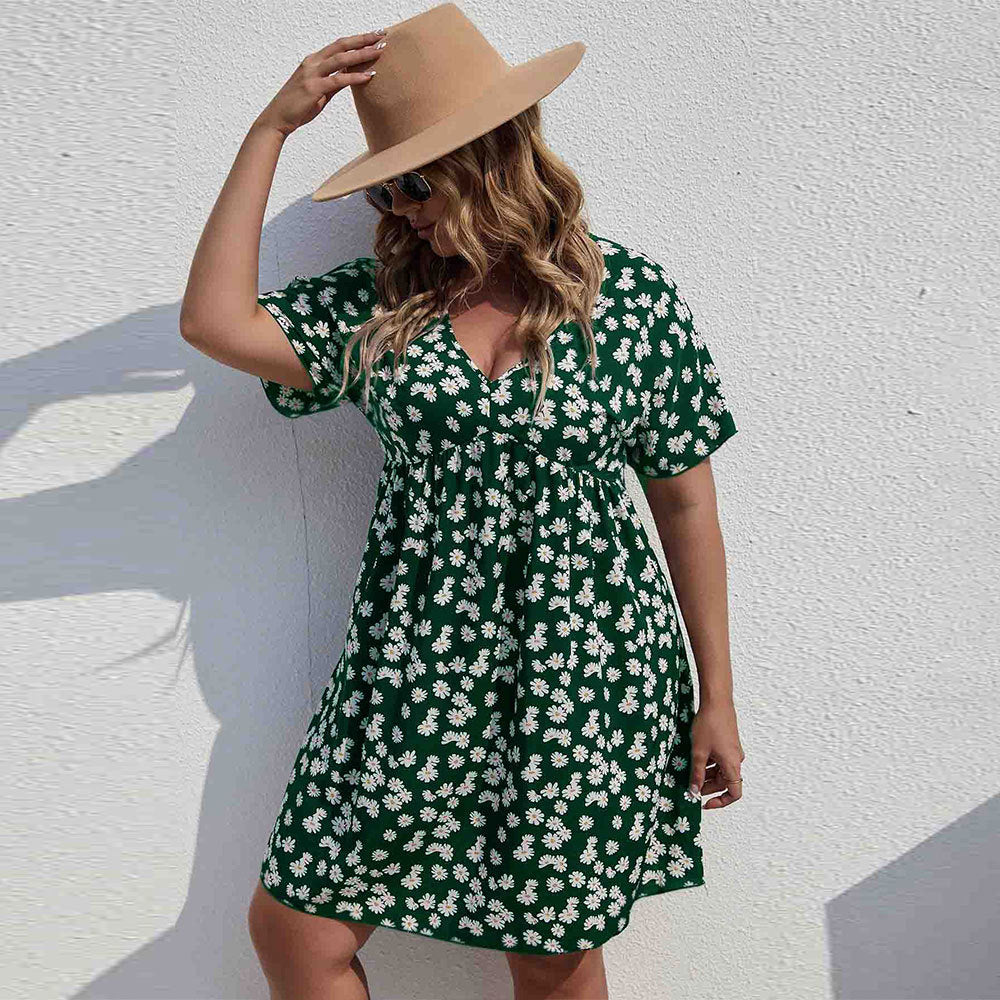 Plus Size Summer Women Clothing Waist Controlled Large Hem A line Dress Vacation Printed Dress