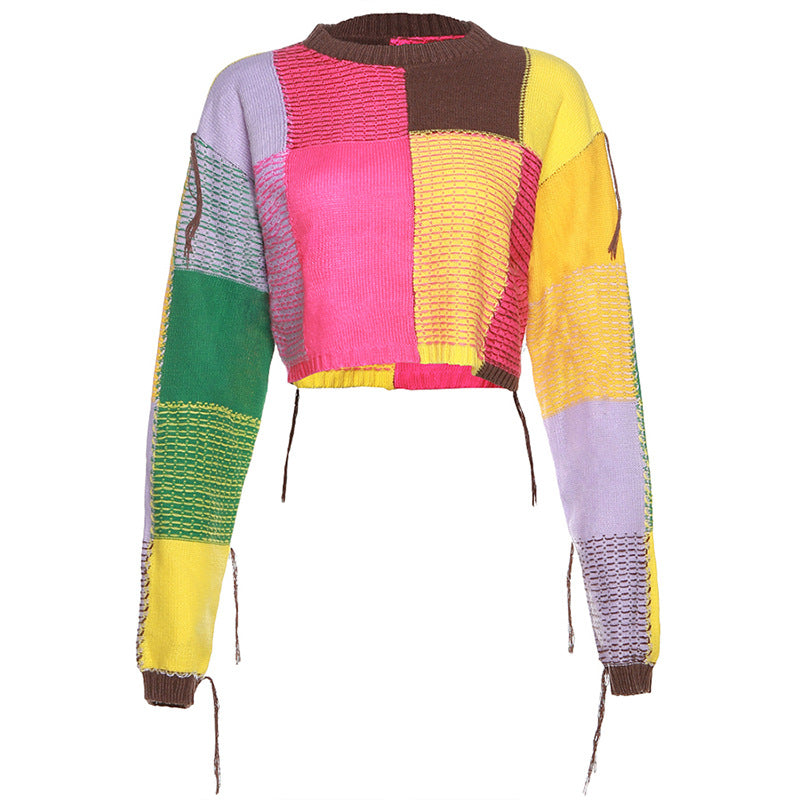 Women Clothing Autumn Winter Tassel Contrast Color round Neck Loose Fitting Cropped Knitted Long Sleeve Sweater Pant Sets