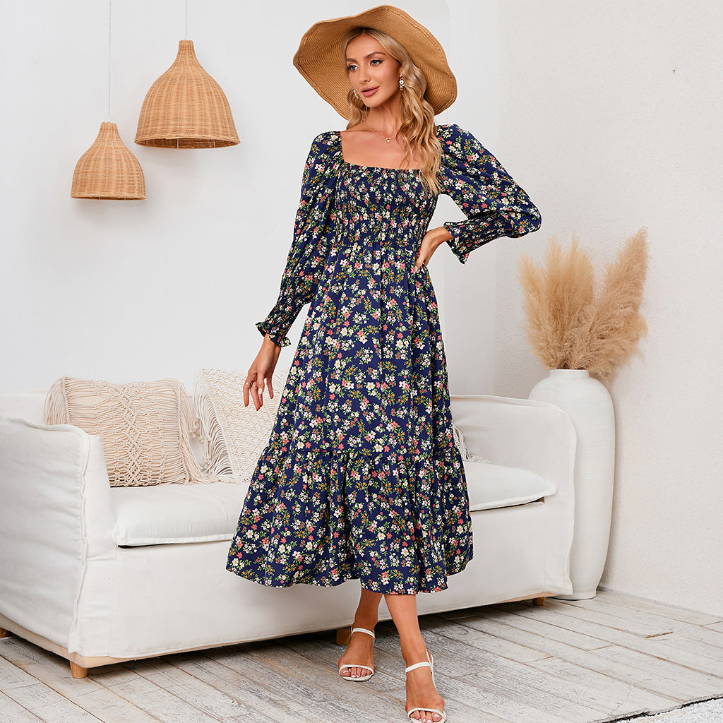 Spring Small Floral Dress Chiffon Long Sleeve Dress
