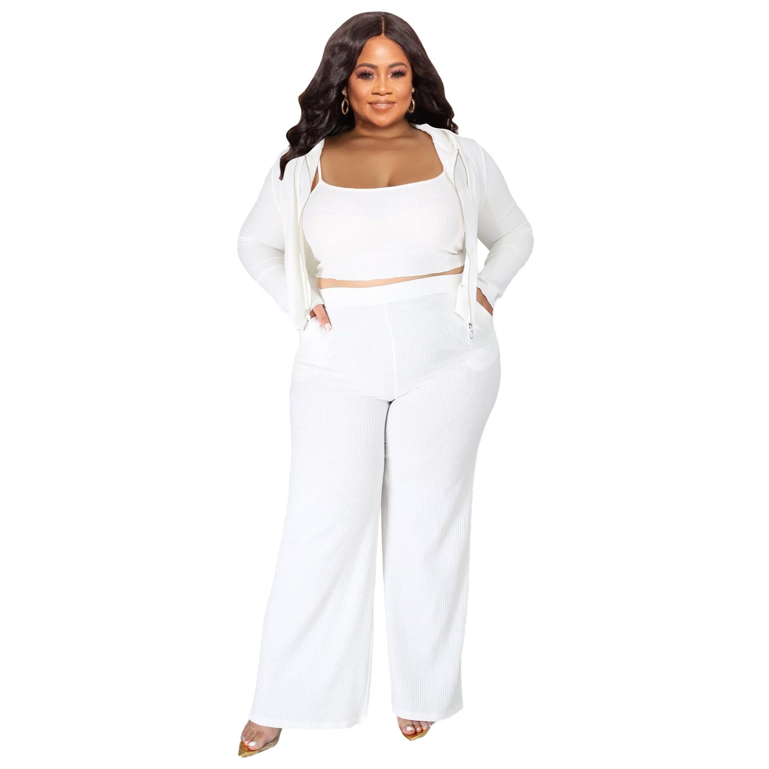 Plus Size High Elastic Sunken Stripe Three Piece Suit Sports Casual Sexy Women Clothing