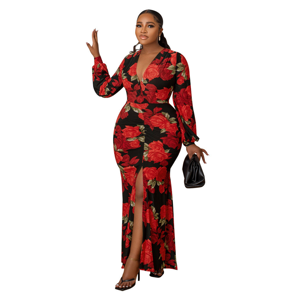 Plus Size Women Clothing Dress V neck Slim Tall Looking Split Print Maxi Dress
