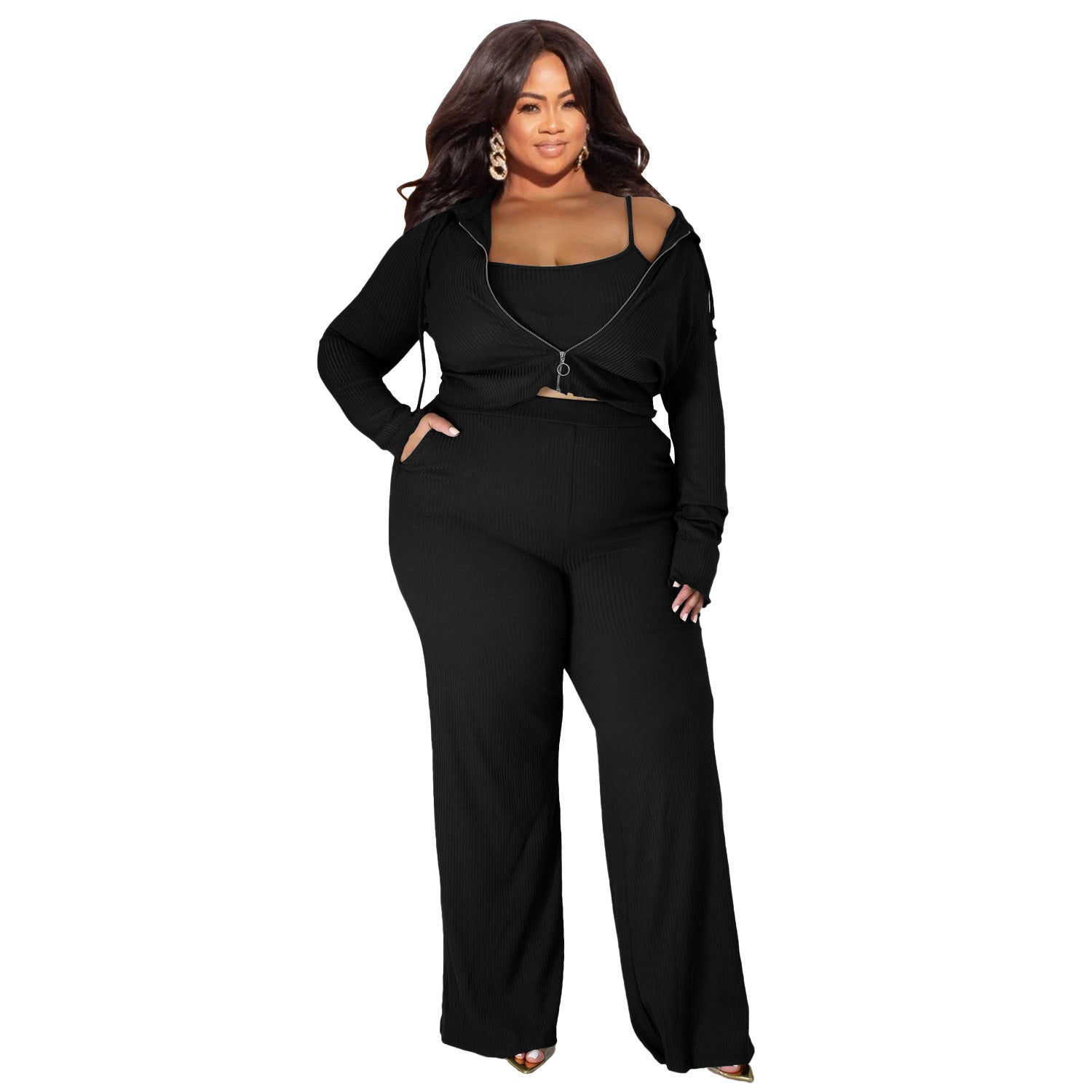 Plus Size High Elastic Sunken Stripe Three Piece Suit Sports Casual Sexy Women Clothing