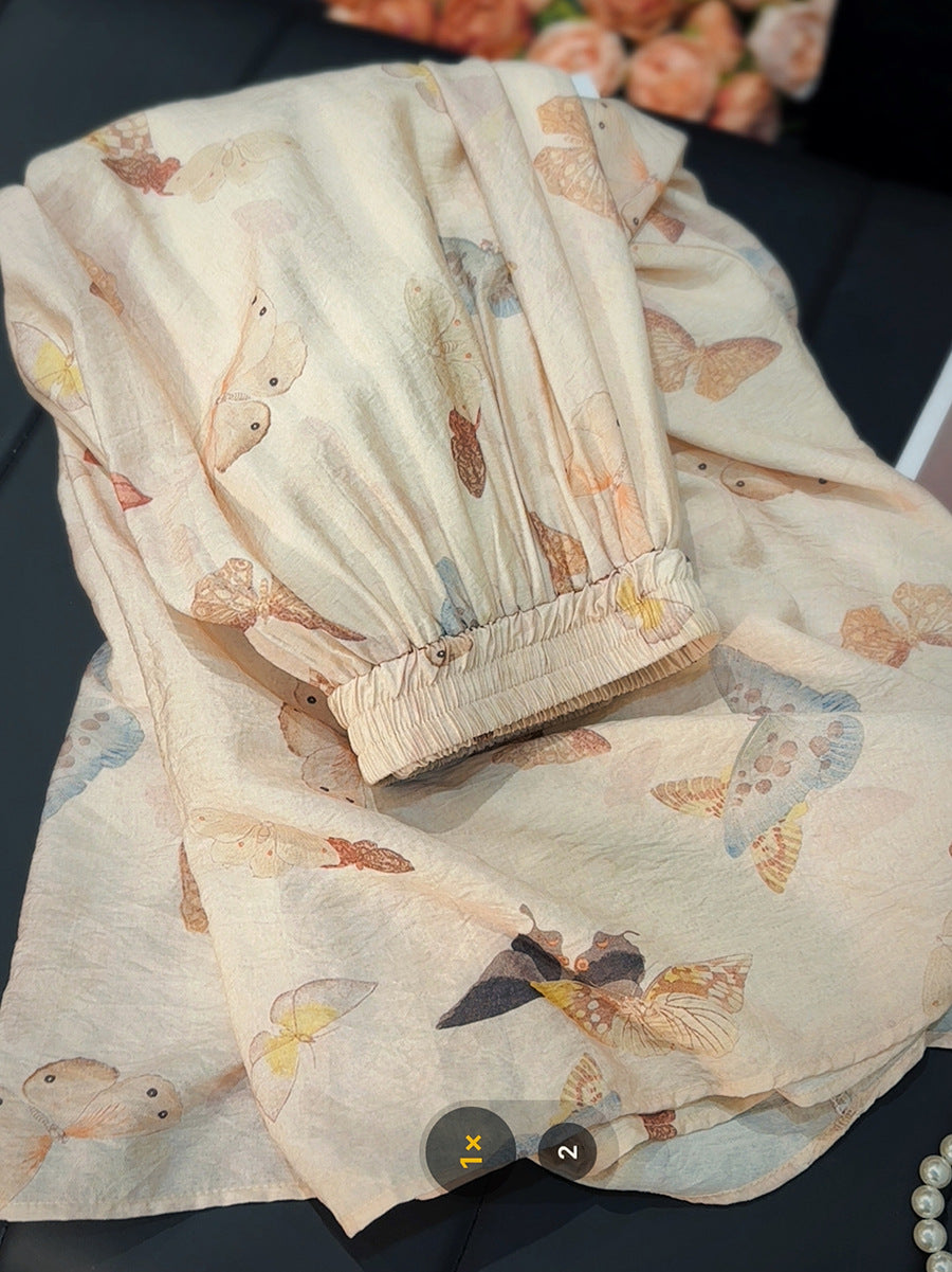 Vintage Artistic Silk Linen Printed Butterfly Skirt Women Elastic Waist A line Base Casual Dress
