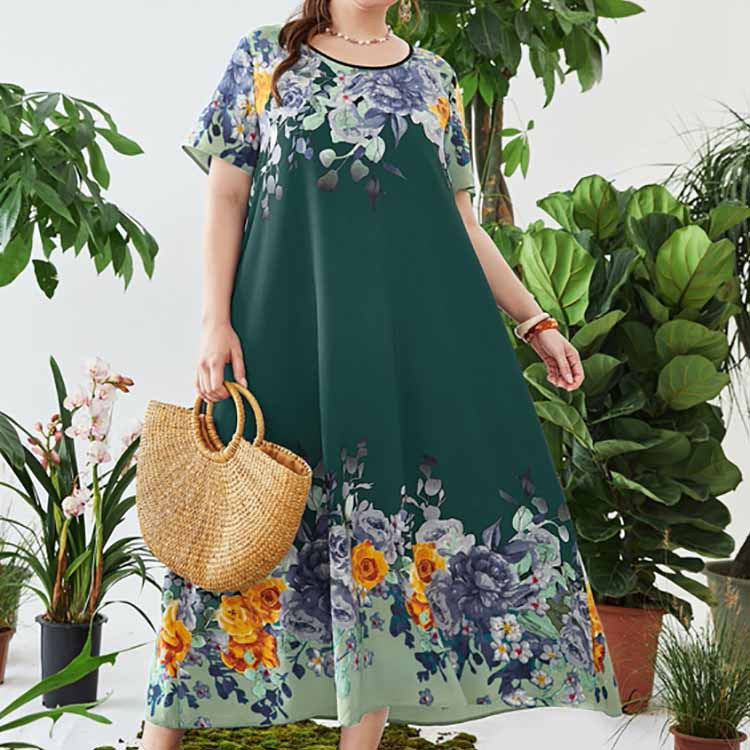 Plus Size Maxi Dress Belly Covering V neck Elastic Waist Printed Dress
