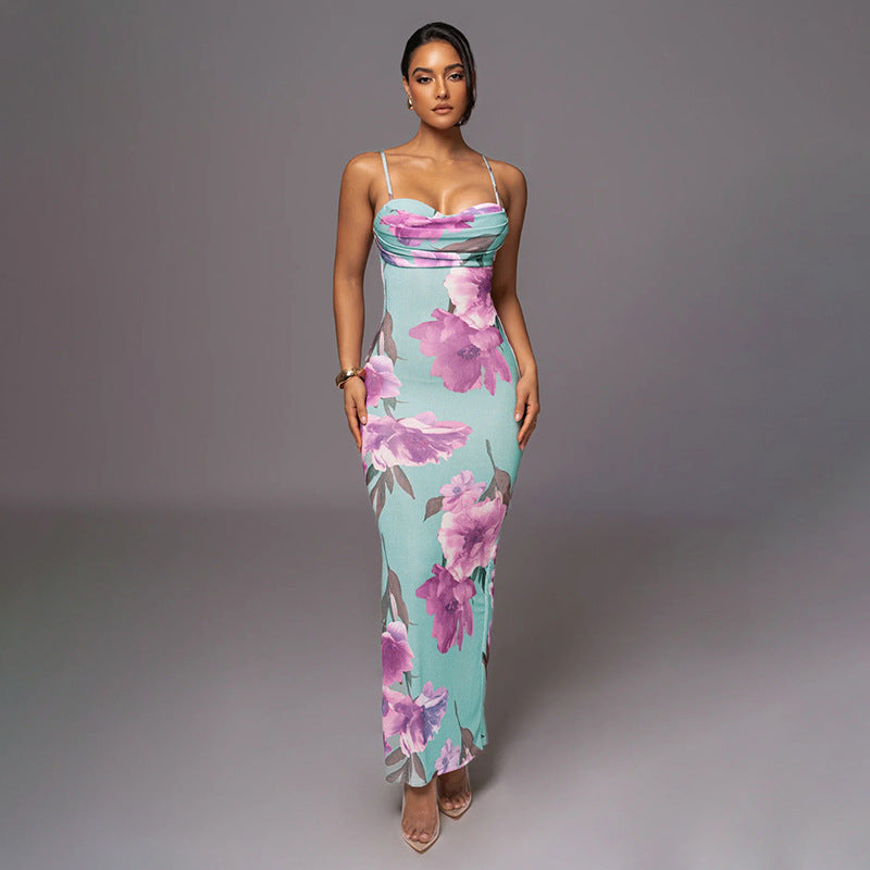 Fashionable Printed Collar Sling Dress Summer Slim Fit Figure Flattering Maxi Dress