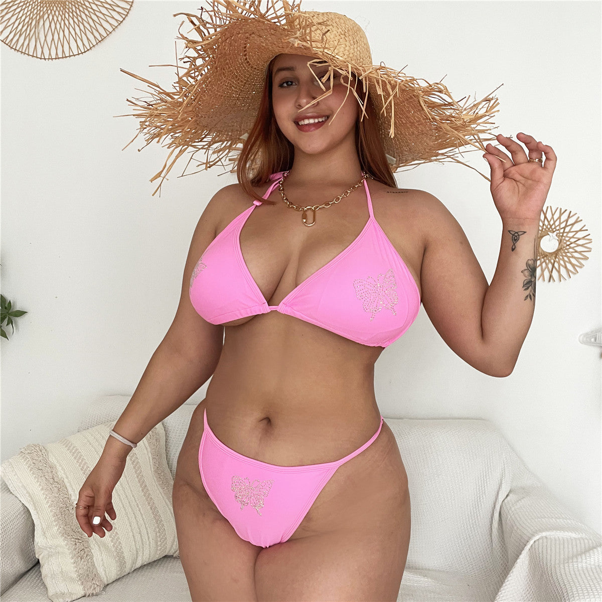 Plus Size Rhinestone Bandage Swimsuit Solid Color