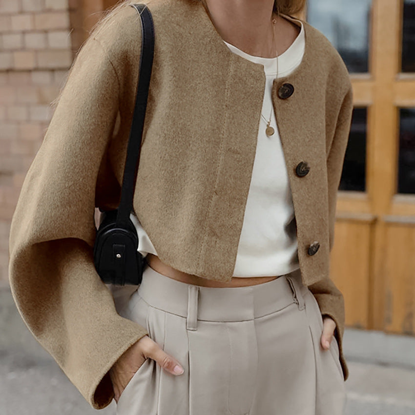 Brown Lazy Special Interest Design Maillard Woolen Coat Autumn Winter Women Short Top