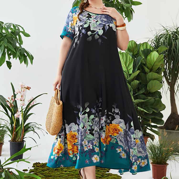 Plus Size Maxi Dress Belly Covering V neck Elastic Waist Printed Dress