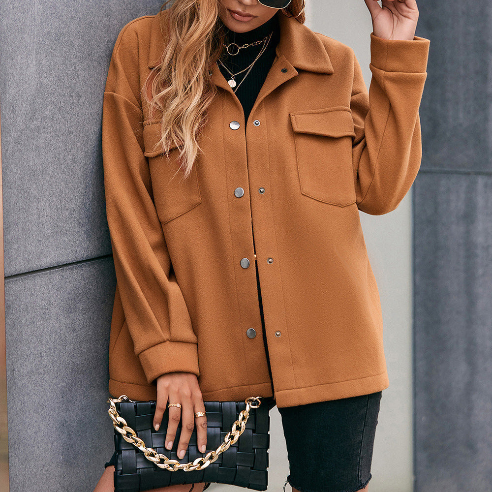 Solid Color Polo Collar Cardigan Single Breasted Pocket Shirt Casual Jacket Coat Women