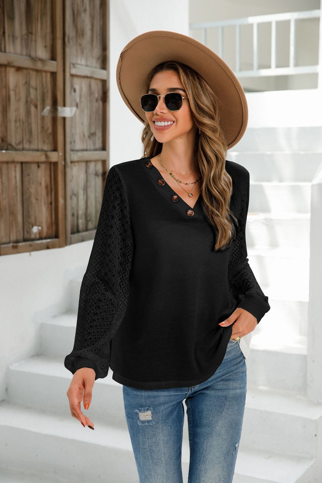 Autumn Winter Women Clothing V neck Long Sleeve Button T shirt Lace Top