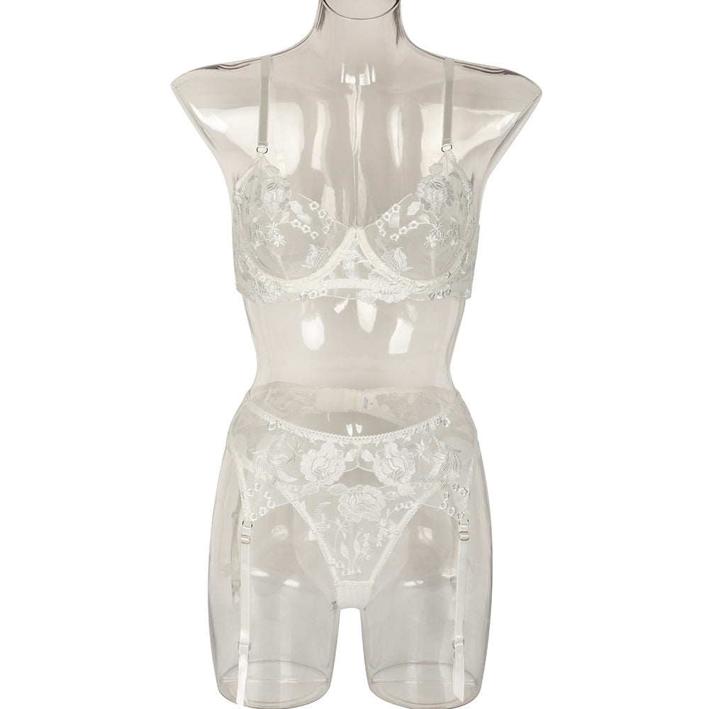 Sexy Three-Piece Set Embroidered Floral Stitching Heavy Craft Garter Underwear with Steel Ring