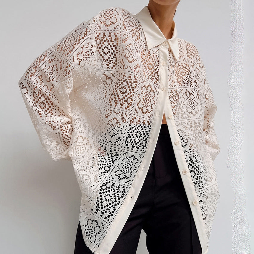 Lace Hollow Out Cutout Shirt Office Women's Clothing Design Long Sleeve Shirt Women