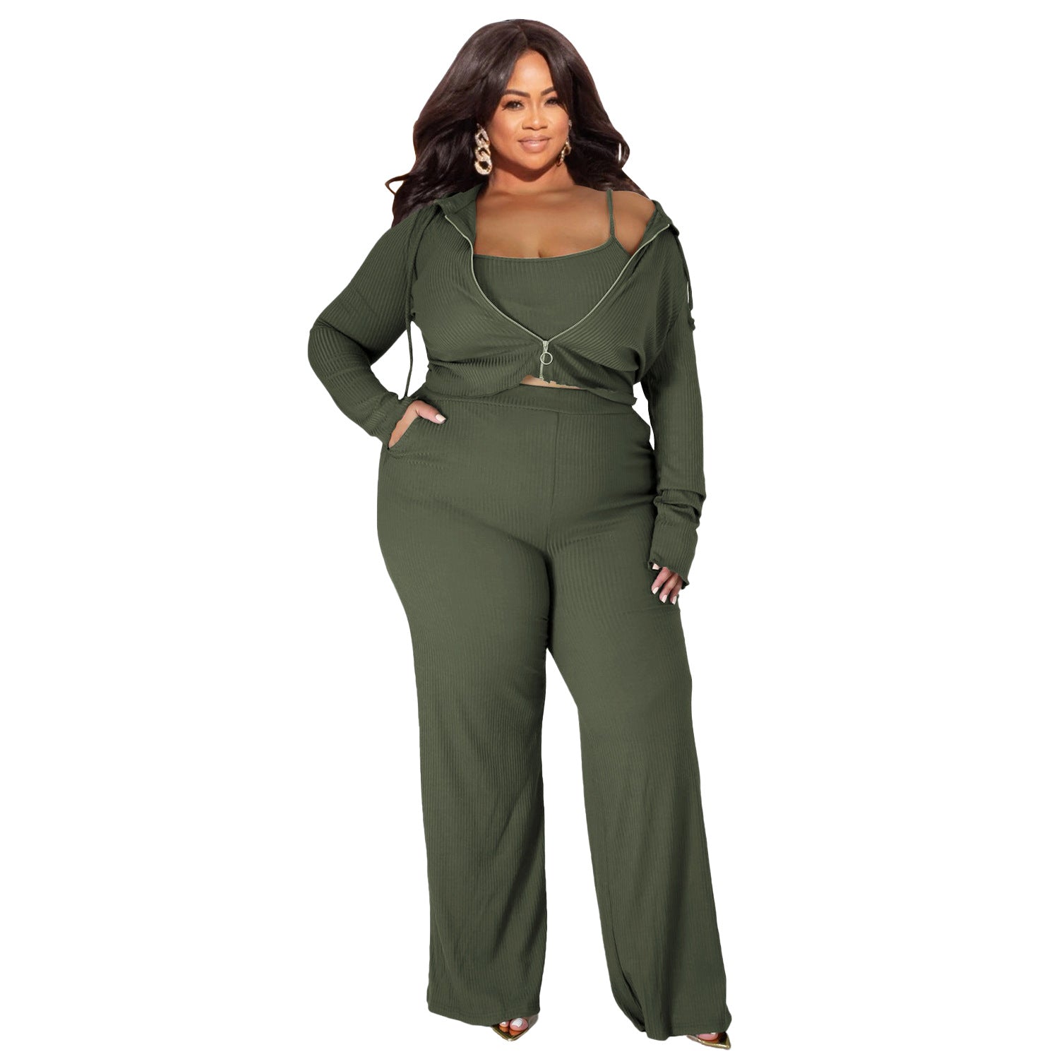 Plus Size High Elastic Sunken Stripe Three Piece Suit Sports Casual Sexy Women Clothing