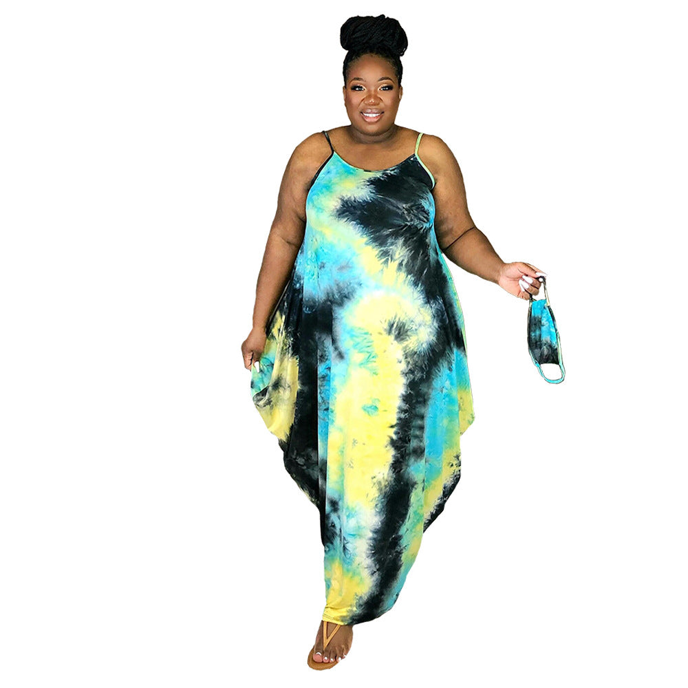 Plus Size Sundress Women Clothes Popular Tie-Dye Printed Loose Strap Ladies Irregular Asymmetric Dress
