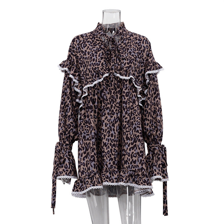 Women Clothing Spring Summer Printed Dress Flared Sleeves Lace up Dress Women