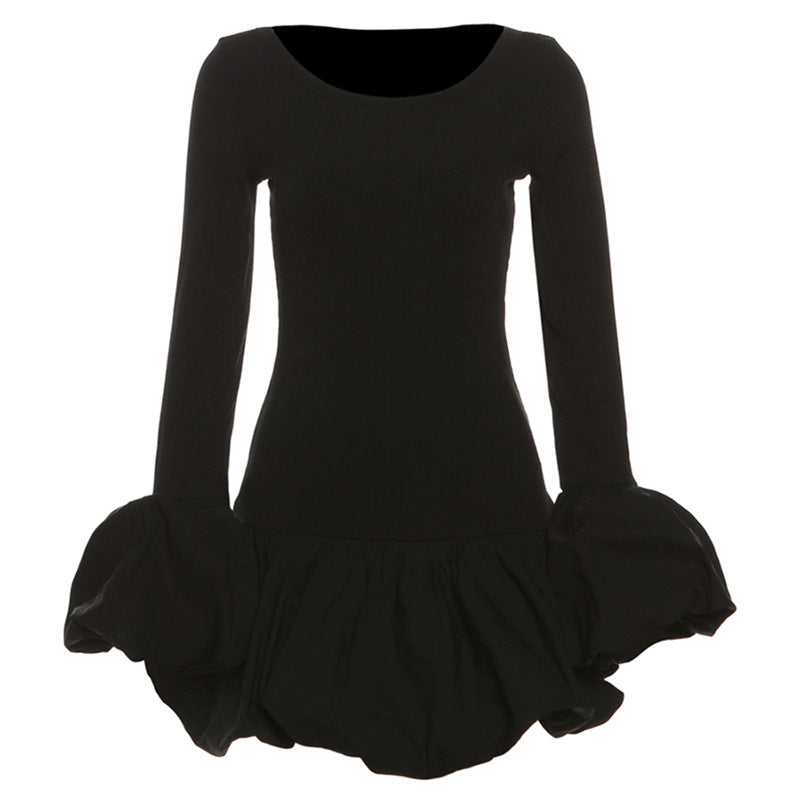 Autumn Winter Women Clothing Round Neck Flared Sleeves Slim Bud Dress