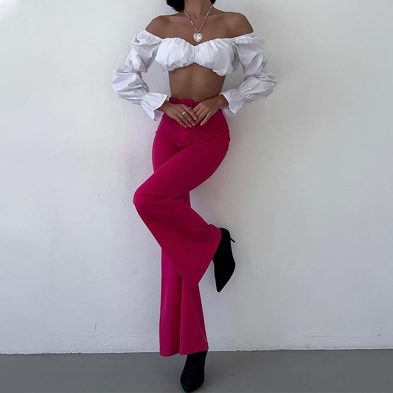 Spring Summer Women Bubble Long Sleeve Sexy Slim Fit Short Cropped Top