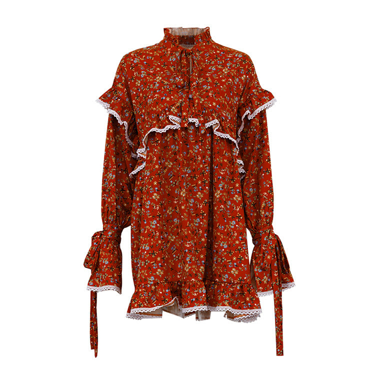 Women Clothing Spring Summer Printed Dress Flared Sleeves Lace up Dress Women