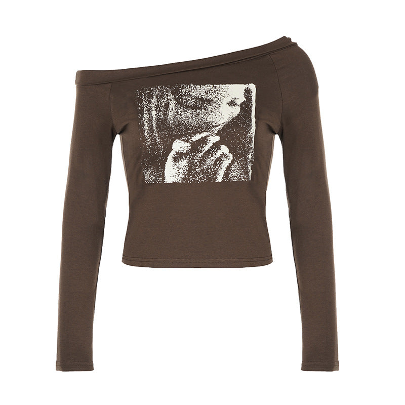Niche Retro Figure Avatar Printed Sexy Diagonal Collar Slim Fit Base T shirt Sexy Irregular Asymmetric Casual Top