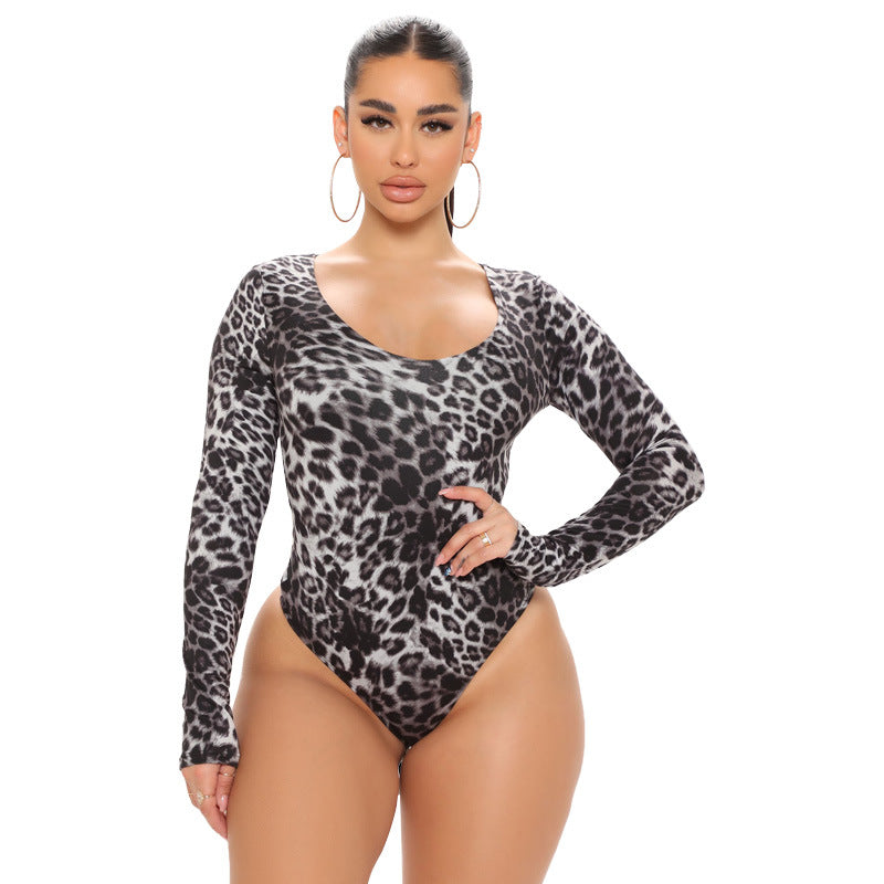Plus Size Autumn Women Clothes Leopard Print Sexy Long Sleeve Jumpsuit