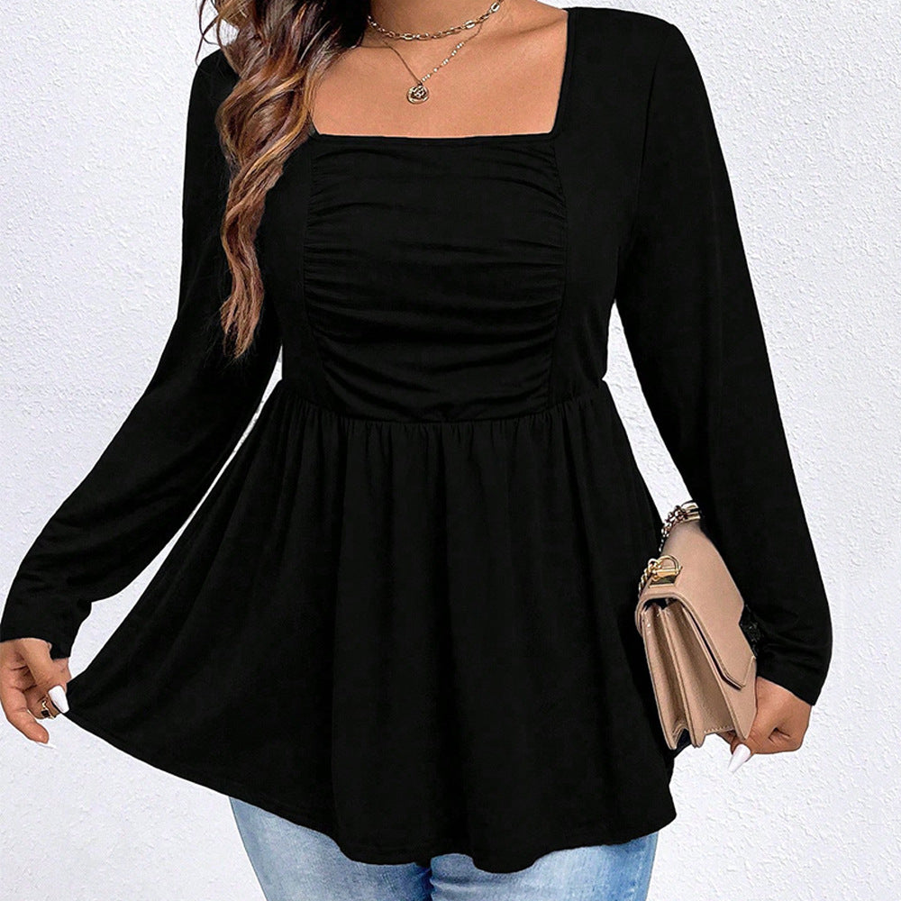 plus Size Women Clothes Square Collar Knitted Long Sleeved Shirt Loose Waist Tight Slimming Puff Sleeve Solid Color Top