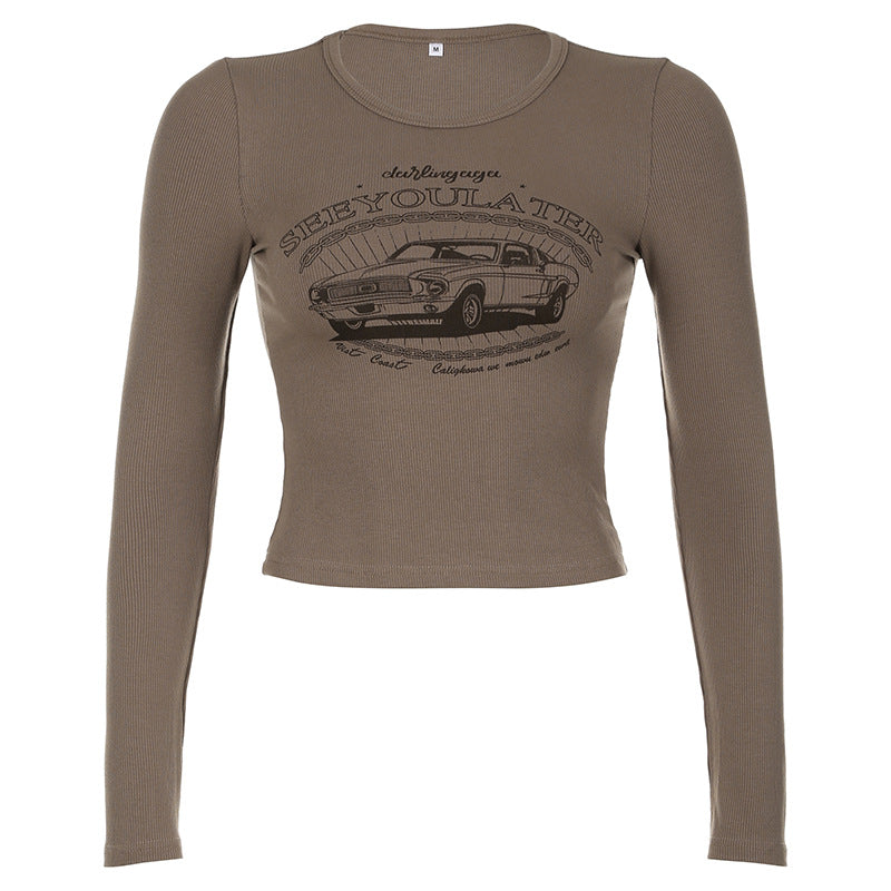 Basic Cartoon Car Letter Graphic Printing round Neck Long Sleeve T shirt Sexy All-Match Slimming Bottoming Top Autumn