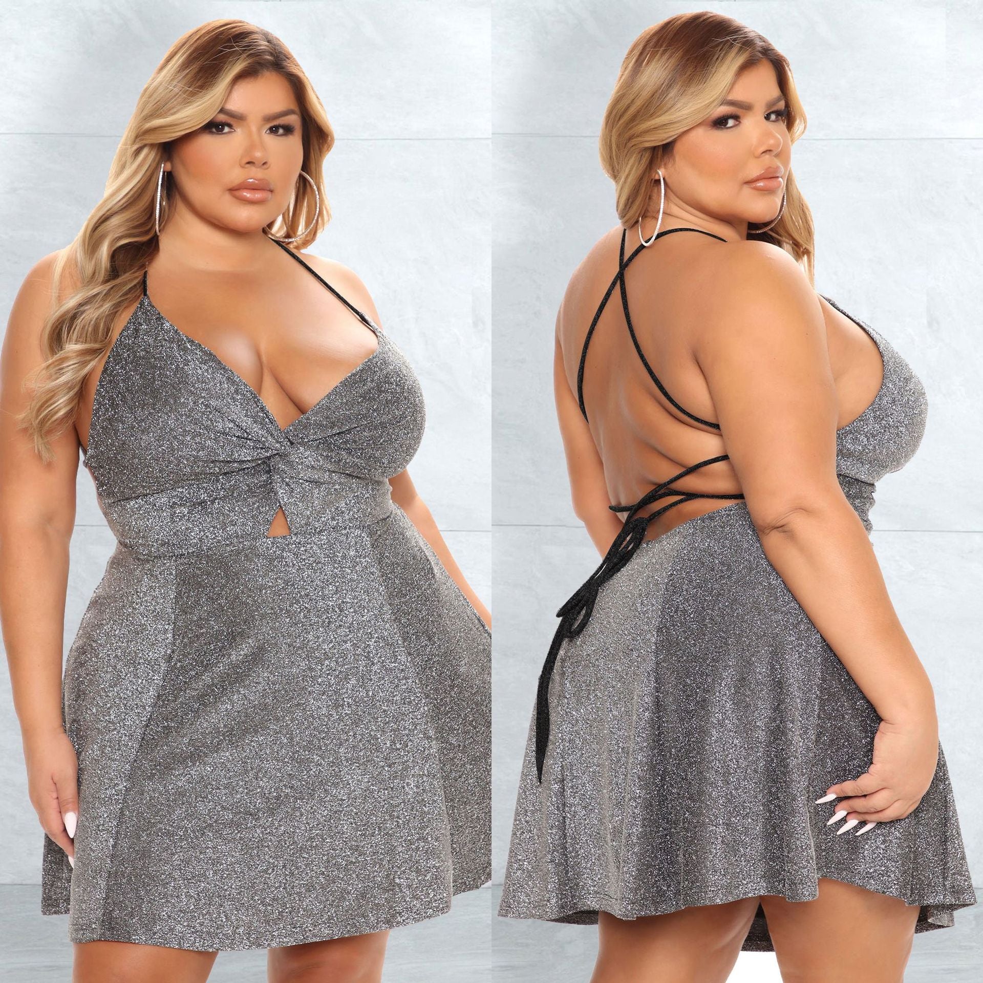 Plus Size Women Clothing Sexy Strap Dress Lace-up Backless Silver String Short Dress Women