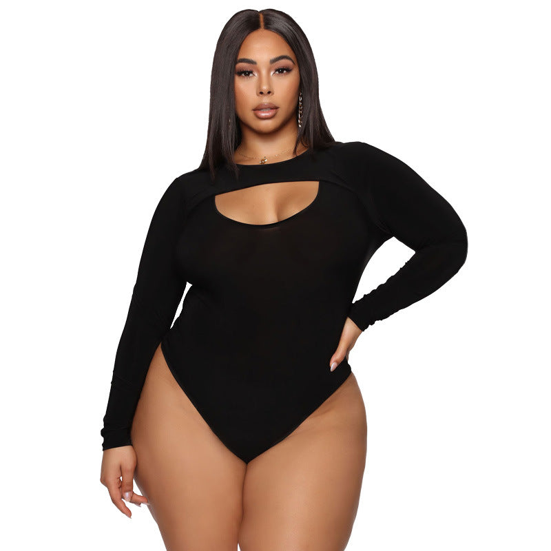 Plus Size Autumn Black Tight Sexy Hollow Out Cutout Jumpsuit Women Clothes