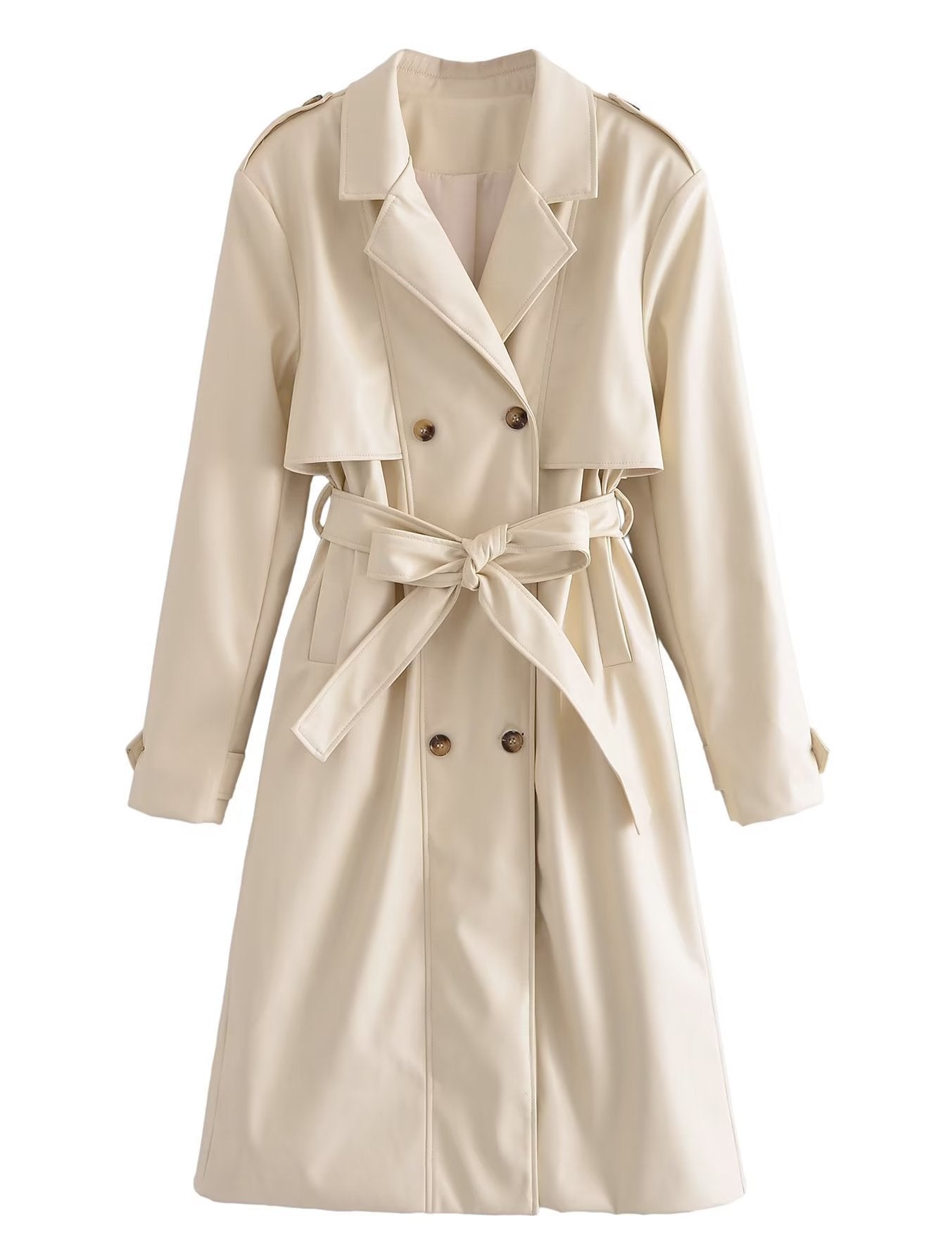 Spring Autumn Casual Women Blazer Collar Button Decoration Faux Leather Belt Trench Coat