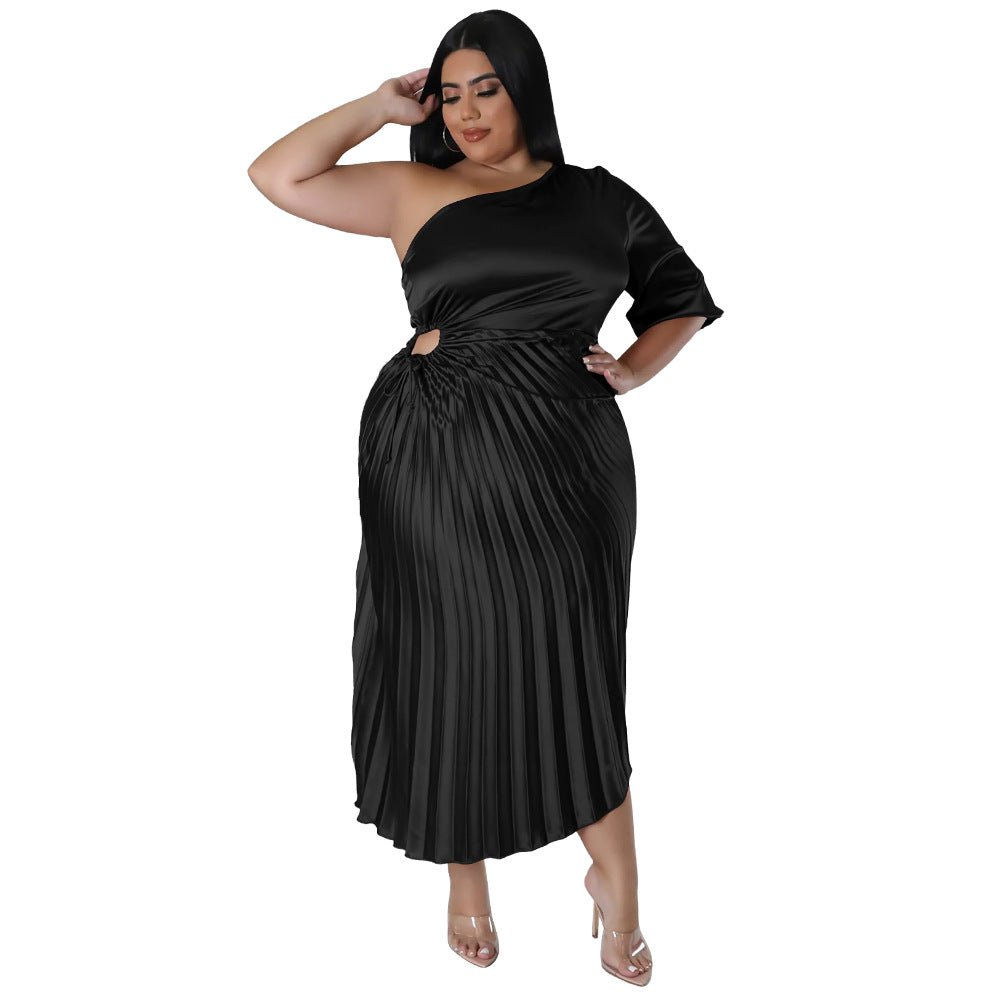 Women Clothing Spring Sexy Oblique Shoulder Drawstring Pleated Dress