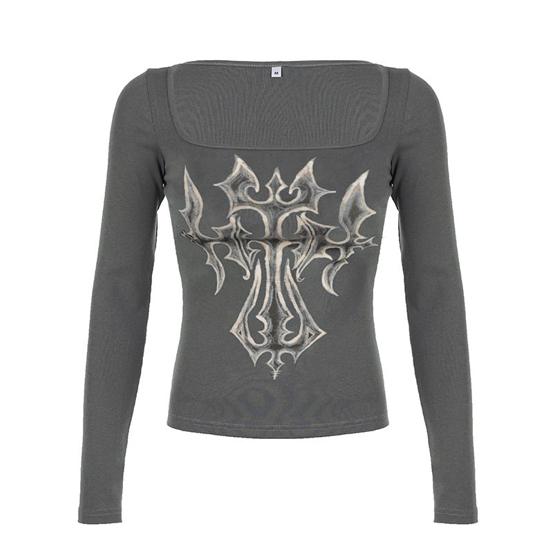 Niche Vintage Printed Gentle Square Collar Slim Fit Long Sleeved T shirt Early Autumn Sexy Push up Bottoming Sweater