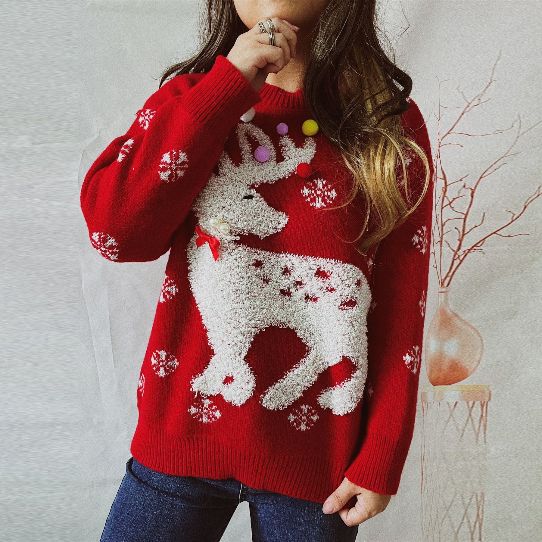 Elk Flocking Jacquard Handmade Pearl Colorful Ball Decorative Knitted Christmas Sweater Pullover