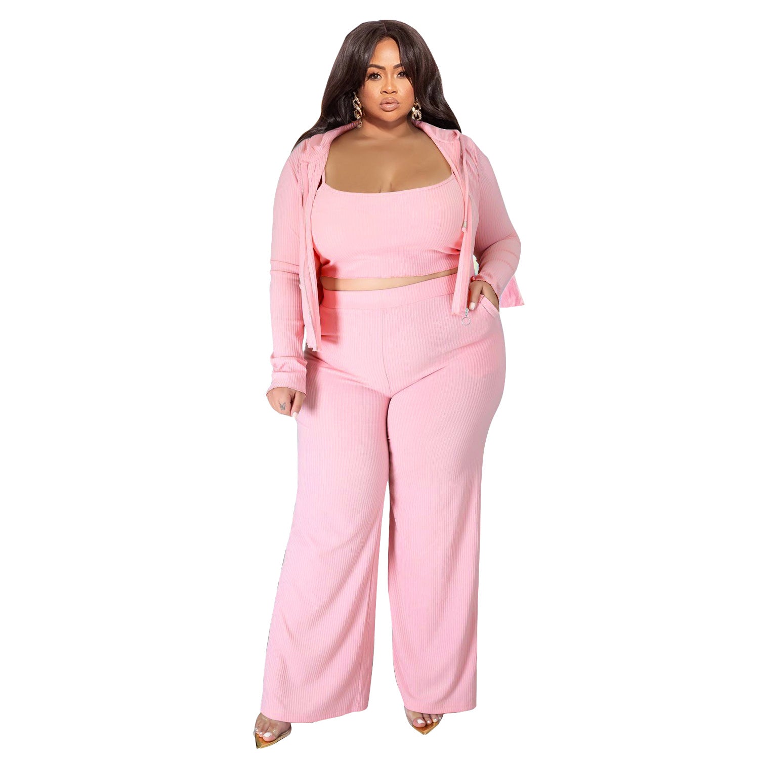 Plus Size High Elastic Sunken Stripe Three Piece Suit Sports Casual Sexy Women Clothing