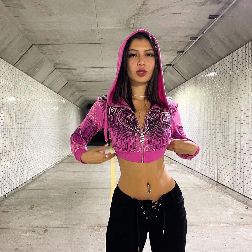Printing Color Contrast Short Sweater Women Spring Autumn Hooded Zipper Short Top Women Sexy Bare Cropped