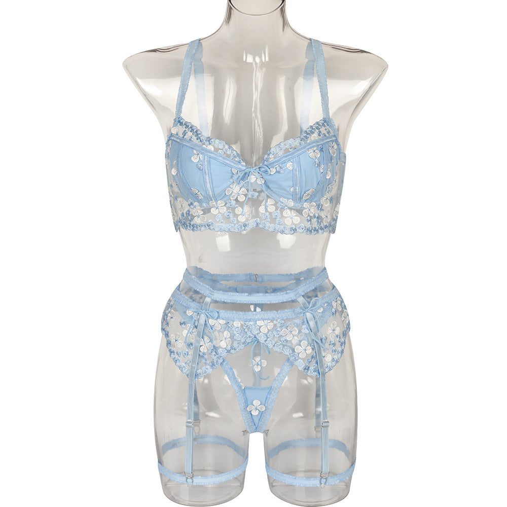 Sexy Underwear Summer Girl Three Piece Set Exquisite Small Floral Splicing Tape Lining Steel Ring Women Clothing