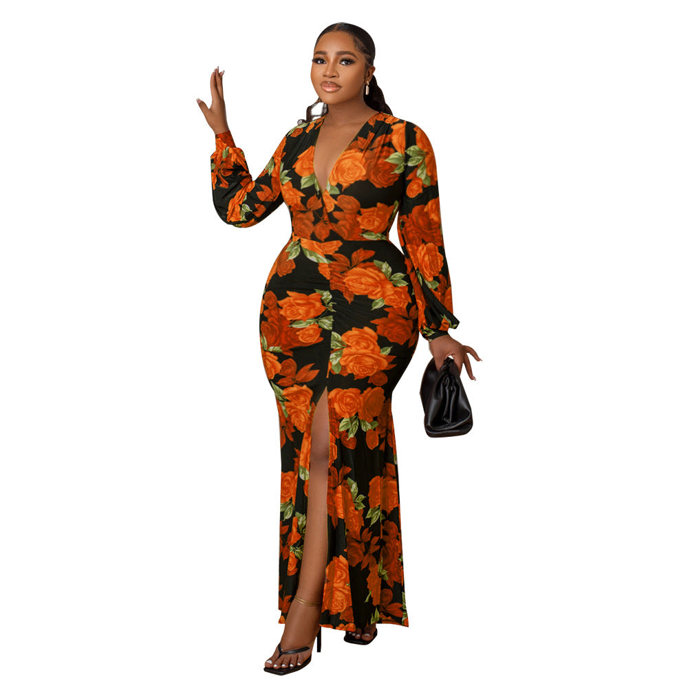 Plus Size Women Clothing Dress V neck Slim Tall Looking Split Print Maxi Dress