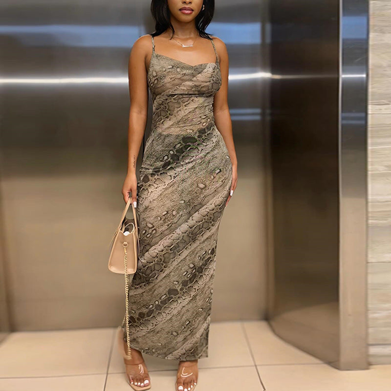 Women Clothing Snake Pattern Printed Dress Sexy Sleeveless Strap Street Dress Dress Dress