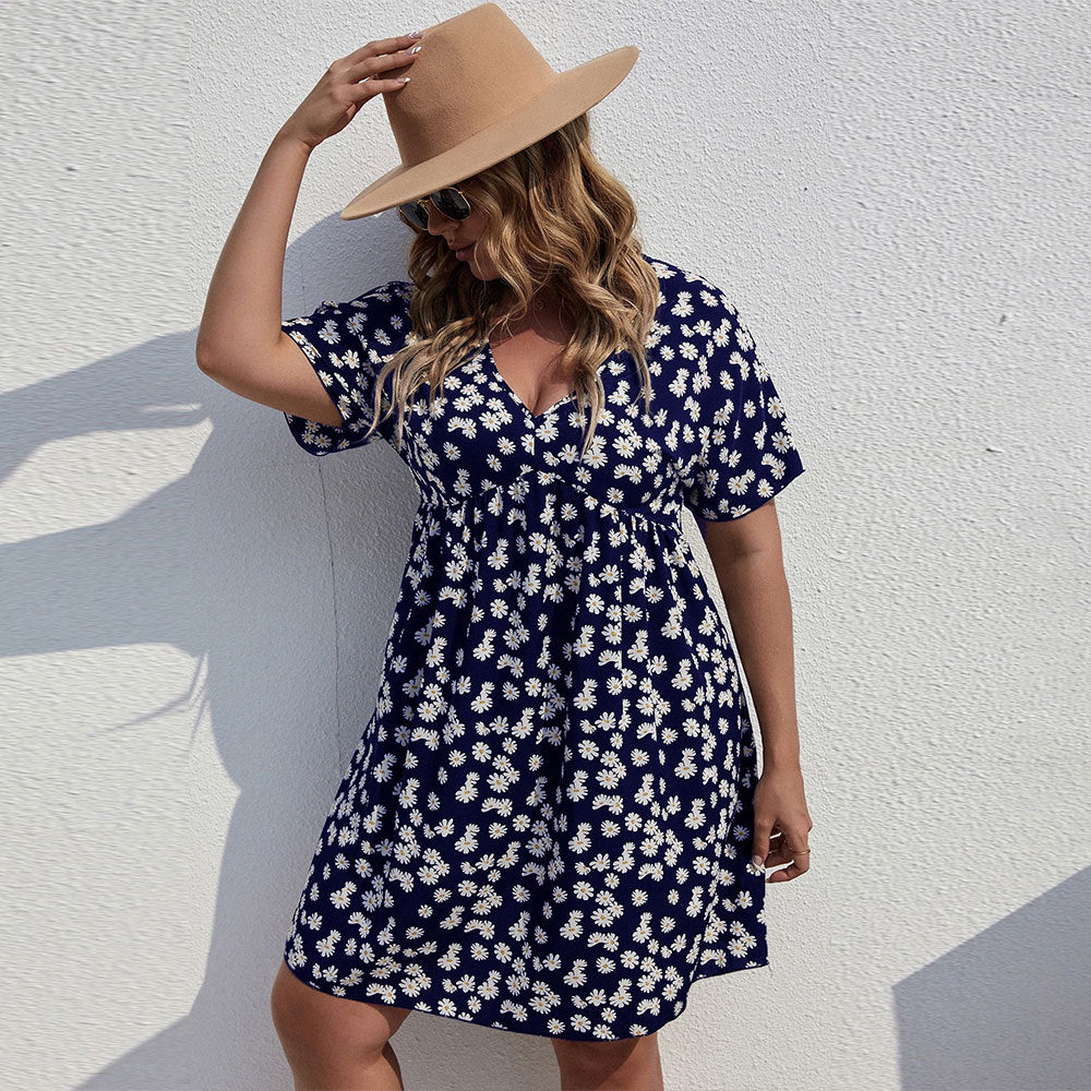 Plus Size Summer Women Clothing Waist Controlled Large Hem A line Dress Vacation Printed Dress