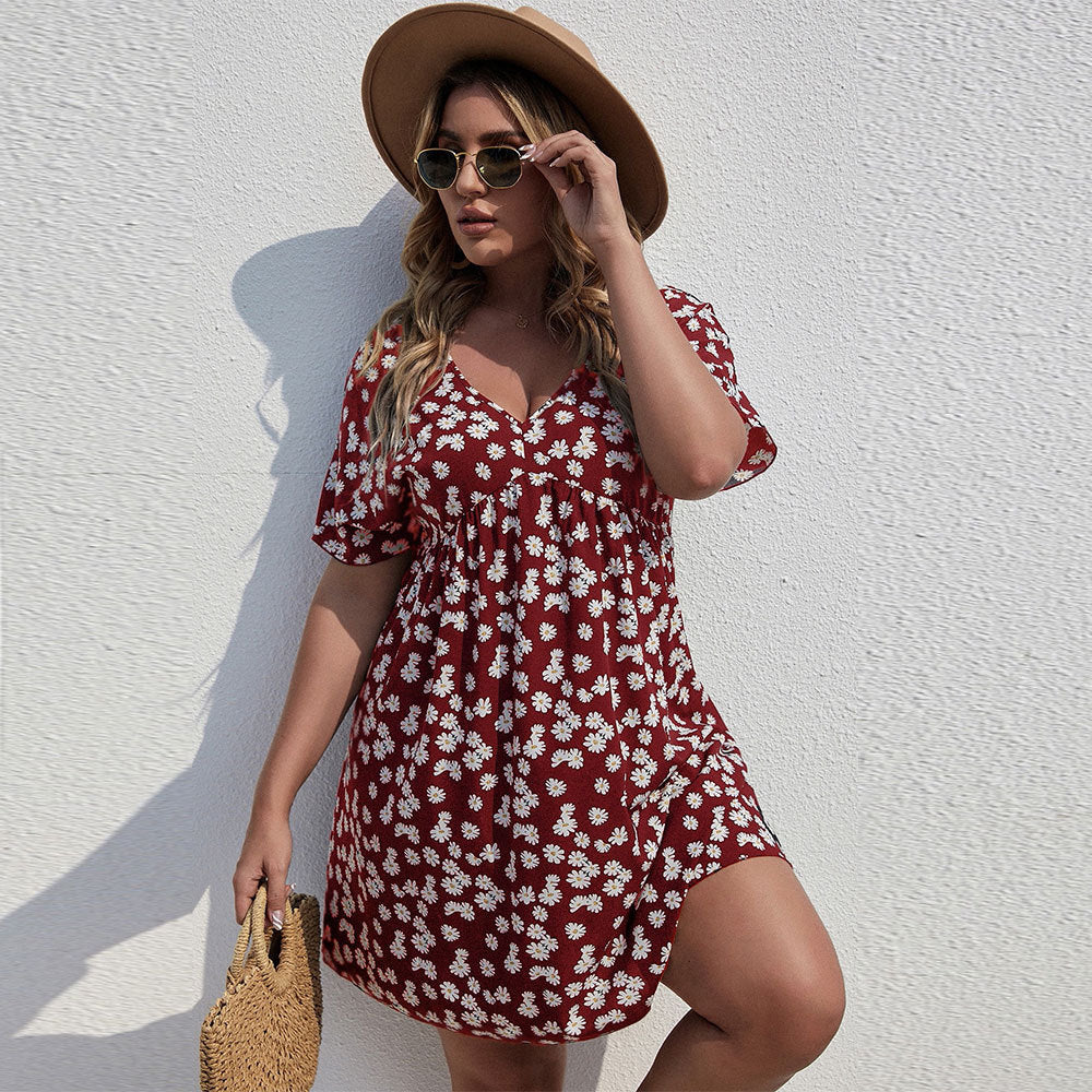 Plus Size Summer Women Clothing Waist Controlled Large Hem A line Dress Vacation Printed Dress