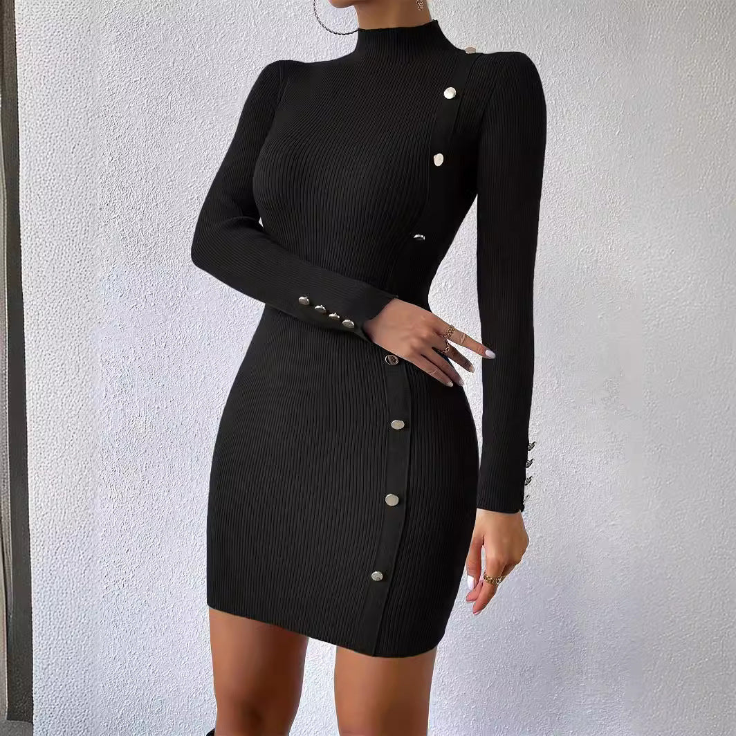 Women Spring Summer Casual Half High Collar Long Sleeves Button Hip