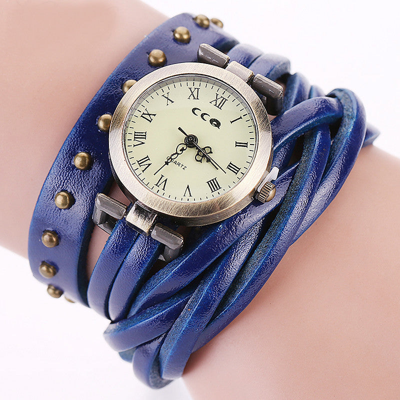 Cowhide Dough-twist Style Plaits Retro Rivet Wrist Watch